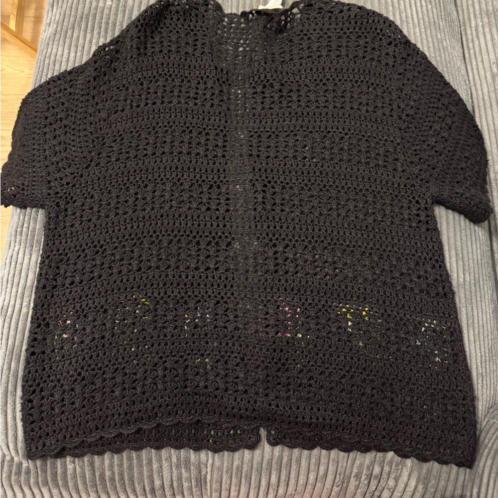 Vintage Teddi Black Crochet Cardigan with Multicolor Floral Cross-stitch, XL - Picture 2 of 6